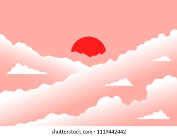 Beautiful Stylized Vector Background with Sun, Sky and Clouds. Pink Color Sunset Illustration.