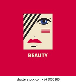 Beautiful stylized womens face. Flat icon of beauty. Girlish makeup. Logo cosmetics. Vector illustration