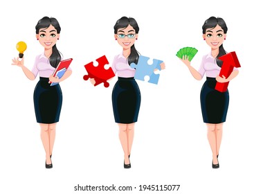 Beautiful successful business woman. Lady businesswoman cartoon character, set of three poses. Usable as manager, secretary, office worker. Stock vector illustration