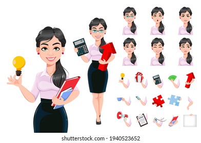 Beautiful successful business woman, set of three poses. Lady businesswoman cartoon character. Stock vector illustration