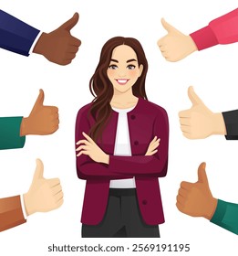 Beautiful successful business young woman wearing formal outfit surrounded by hands with thumbs up. Isolated vector illustration