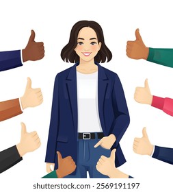 Beautiful successful business young woman wearing casual clothes surrounded by hands with thumbs up. Isolated vector illustration