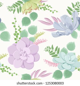 Beautiful succulent flowering plants composition seamless pattern texture. Echeveria stone rose flowers. Purple blue green warm pastel colors on white background. Vector design illustration.
