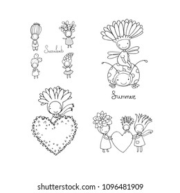 Beautiful succulent. Little fairy. Hand drawing isolated objects on white background. Vector illustration. 