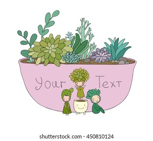 Beautiful succulent in pot. Little fairy. Hand drawing isolated objects on white background. Vector illustration. 