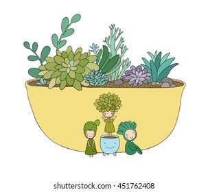 Beautiful succulent in pot. Little fairy. Hand drawing isolated objects on white background. Vector illustration. 