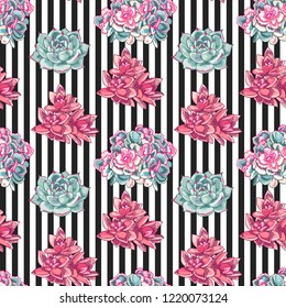 Beautiful succulents decoration design. Floral seamless pattern. Botanical illustration on a striped background. 