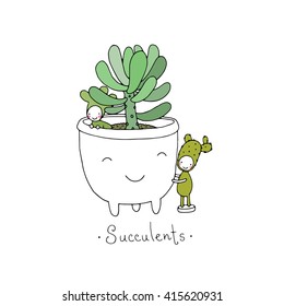 Beautiful succulents in pot. Little fairy. Hand drawing isolated objects on white background. Vector illustration. 