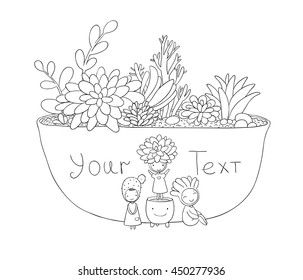 Beautiful succulents in pot. Little fairy. Hand drawing isolated objects on white background. Vector illustration. Coloring book