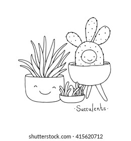 Beautiful succulents in pots. Hand drawing isolated objects on white background. Vector illustration. Coloring book