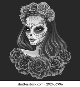 Beautiful Sugar Skull Woman Illustration. Day Of Dead Vector Illustration.