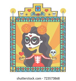 Beautiful sugar skull woman in Mexican Halloween style ornaments frame with religious signs, colorful vector drawing