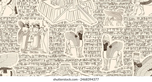 Beautiful sumerian and asyrian dark brown seamless pattern with cuneiform writtings