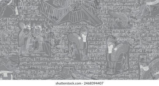 Beautiful sumerian and asyrian seamless pattern over marble background with cuneiform writtings