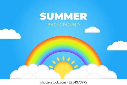 Hermosas nubes 3d de verano en cielo azul con un realista arcoiris 3d y sol. Ilustración vectorial infantil. Estilo tridimensional. Colocar el texto. Ilustración de dibujos animados para un volante o pancarta. 