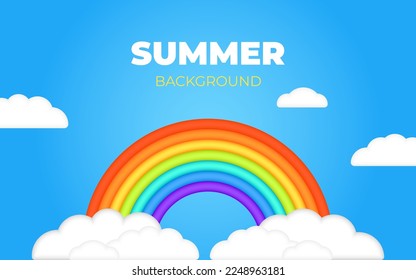 Beautiful summer 3d fluffy clouds against the blue sky with realistic 3d rainbow. Children vector illustration. Three dimensional style. Place for text. Kids cartoon illustration for flyer or banner. 