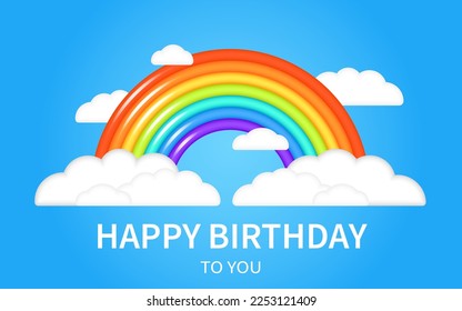 Beautiful summer 3d fluffy clouds in the blue sky with realistic 3d rainbow. Children vector illustration. Three dimensional style. Happy Birthday. Kids cartoon illustration for flyer or banner. 