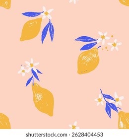 Beautiful summer Amalfi seamless pattern with yellow fruits, Lemon, flower. Pencil textured vector hand drawn style. Naive Design for fashion, fabric, textile, and all prints