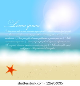 Beautiful summer background with beach, sea, sun and palm tree Vector illustration