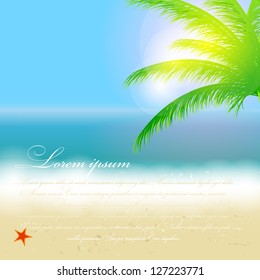Beautiful summer background with beach, sea, sun and palm tree Vector illustration