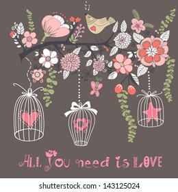 Beautiful summer background with the blossom branch, bird cages and cute bird. Bright illustration, can be used as invitation card for wedding, birthday and other holiday and cute summer background.