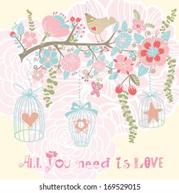 Beautiful summer background with the blossom branch, bird cages and cute bird. Bright illustration, can be used as invitation card for wedding, birthday and other holiday and cute summer background.