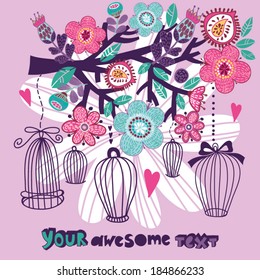 Beautiful summer background with the blossom branch. Bright illustration, can be used as invitation card for wedding, birthday and other holiday and cute summer background.