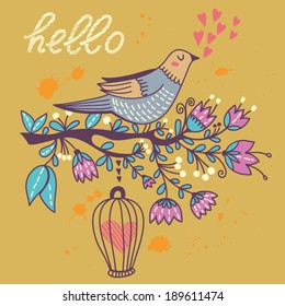 Beautiful summer background with the blossom branch, bird cages and cute bird "Hello". Can be used as invitation card for wedding, birthday and other holiday and cute summer background.