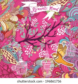 Beautiful summer background with the blossom branch, bird cages and cute bird. Bright illustration, can be used as invitation card for wedding, birthday and other holiday and cute summer background.