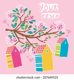 Beautiful summer background with the blossom branch and small houses. Bright illustration, can be used as invitation card. Vector lovely summer wallpaper.