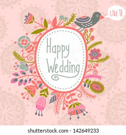 Beautiful summer background with blossom branches and cute bird. Bright illustration, can be used as creating card,invitation card for wedding, birthday and other holiday and cute summer background.