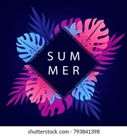 Beautiful summer background with blue rhombus for text and colorful tropical plant leaves. Monstera, palm leaves. Vector illustration.