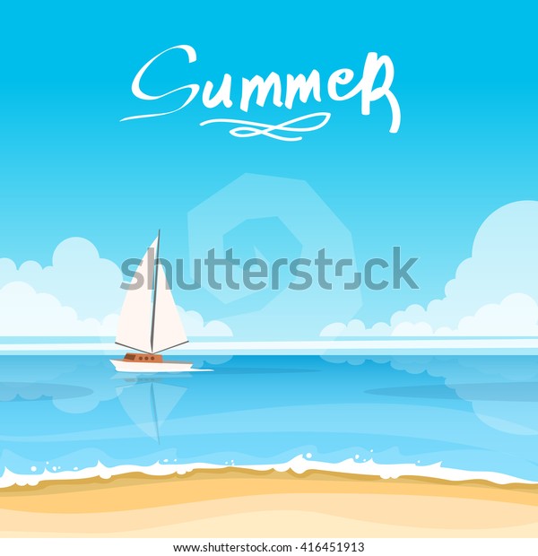 海の中にボートを持つ美しい夏の背景 ベクターイラスト のベクター画像素材 ロイヤリティフリー