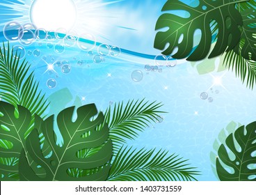 Beautiful summer background. Bright sun and sea waves and foam, palm leaves and monstera leaves. Template for your design. Vector illustration.