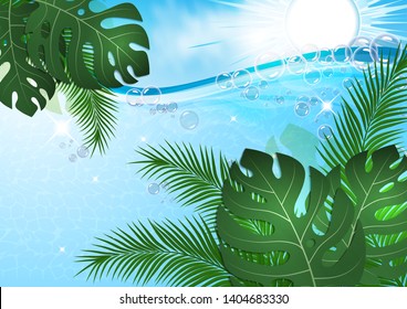 Beautiful summer background. Bright sun and sea waves and foam, palm leaves and monstera leaves. Template for your design. Vector illustration.