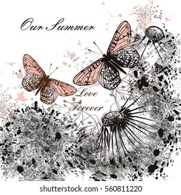 Beautiful summer background with dandelions and butterflies. Grunge design