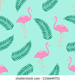 Beautiful summer background with flamingos and tropical leaves. Vector illustration.