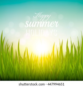 Beautiful summer background with grass and sun. Vector.