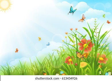 Beautiful summer background with green grass, flowers and butterflies