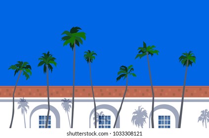 beautiful summer background house facade and palm trees
