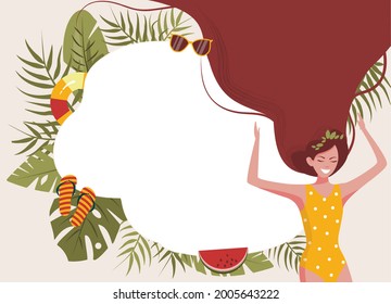 Beautiful summer background for the inscription. A nice woman in a swimsuit. Tropical leaves, a swimming circle, flip-flops, a watermelon and a sunglasses. Vector illustration.