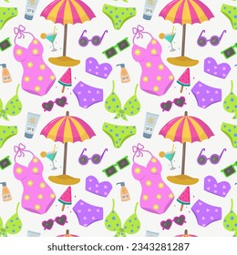 Beautiful summer background on a beach theme. Pattern with women's swimwear, bikinis, sunglasses, palm trees, ball, umbrella, sunscreen,cocktails and ice cream.  Vector illustration.