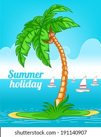 beautiful summer background with palm tree and a sailboats