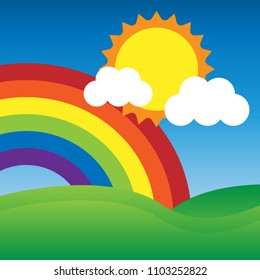 beautiful summer background. the picture contains the sun, the color rainbow, the clouds and the meadow.designed for kindergarten, school and day-care center