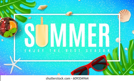 Beautiful summer background with seashells. Top view on composition with sun glasses, fresh cocktail and ice cream on blue backdrop. Vector illustration. Web banner of summer vacation.