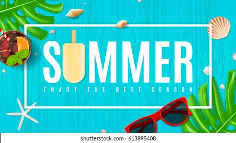 Beautiful summer background with seashells. Top view on composition with sun glasses, fresh cocktail and ice cream on wooden texture. Vector illustration. Web banner of summer vacation.