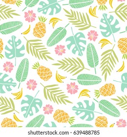 Beautiful summer background. Tropical leaves, flowers, fruits. Vector seamless pattern