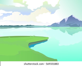 Beautiful summer background. Vector illustration. Lake landscape