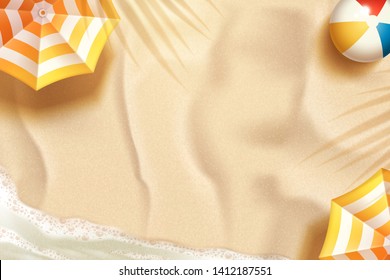 Beautiful summer beach background with parasol and beach ball in 3d illustration