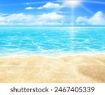 Beautiful summer beach frame illustration of blue sky and sea with clouds, summer sand and sun.